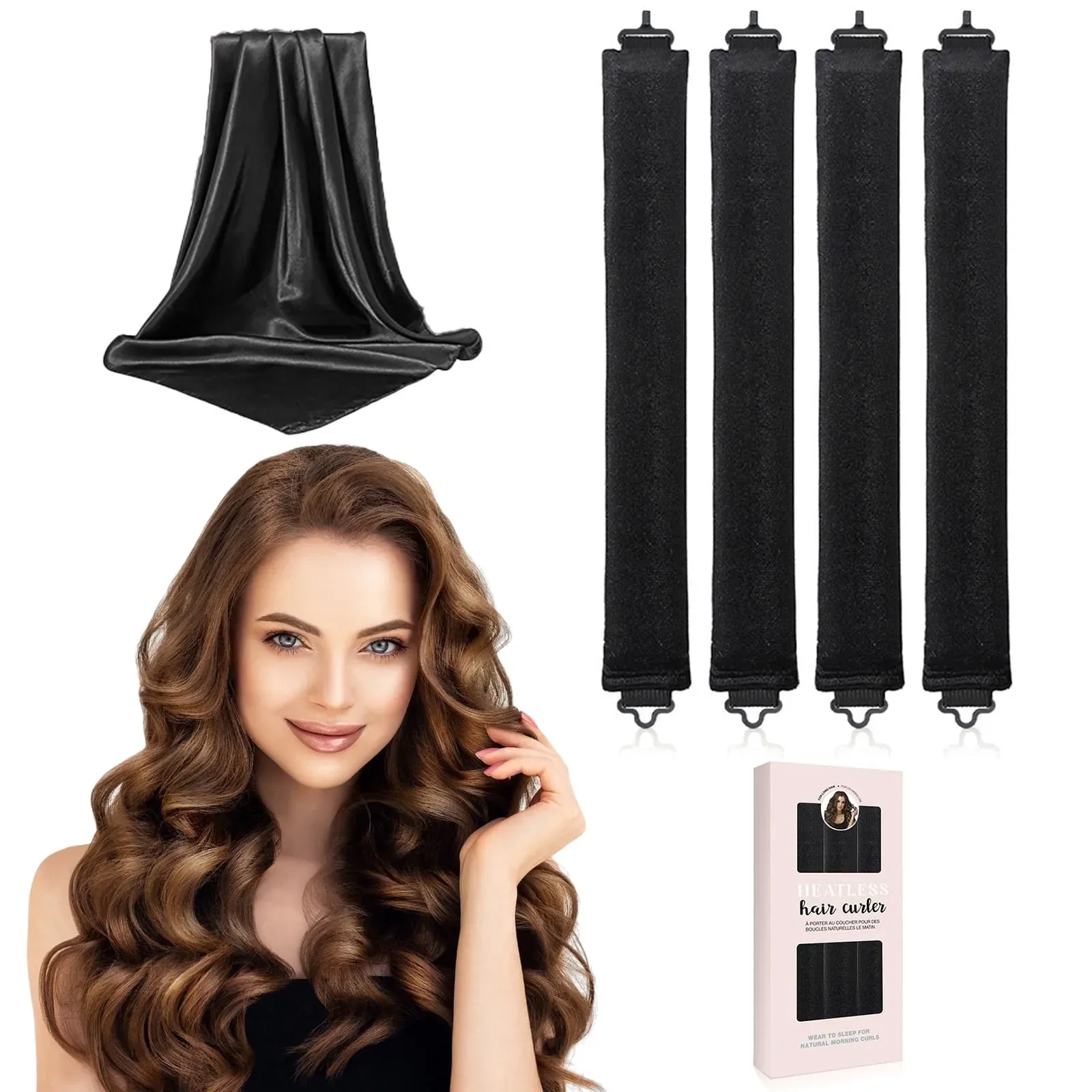 Heatless Overnight Curling Rods, 4 Velvet Rods with Satin Scarf (3-Pack)