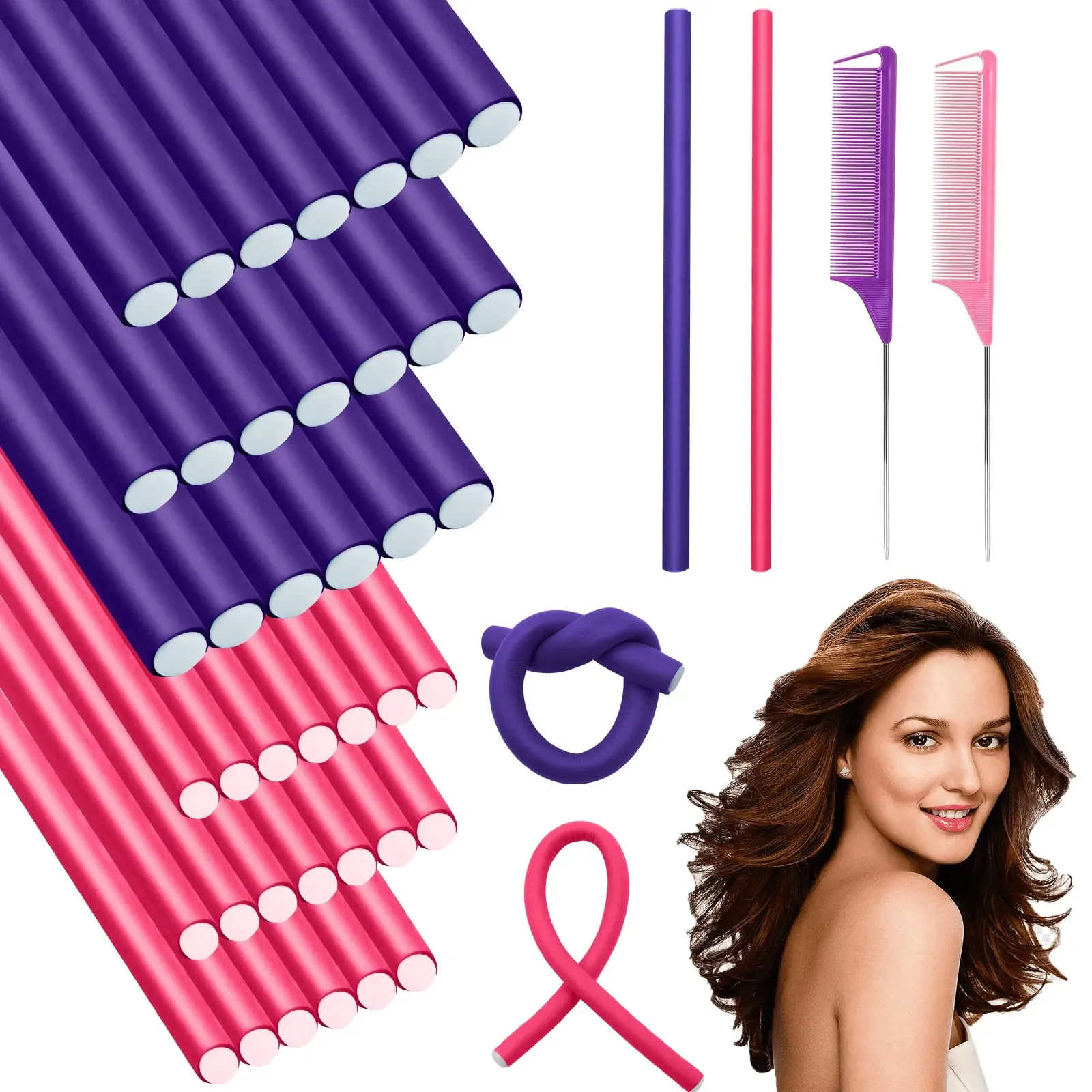 42-Piece Flexible Curling Rods Kit with Two Steel Pintail Combs (3-Pack)